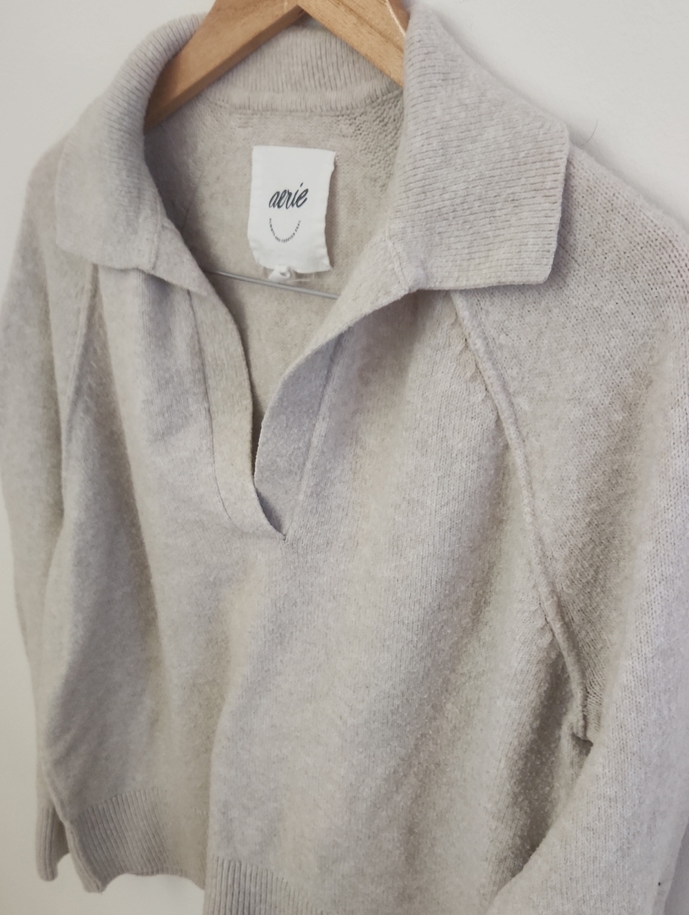 Aerie UnREAL Polo Sweater Neutral Beige Collared V-Neck Small - Picture 6 of 8